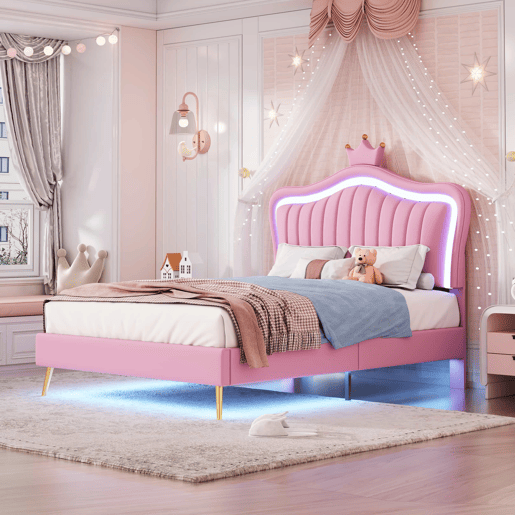 Cama infantil 90x200 cm - Estrutura de cama para menina, design com coroa rosa, PU com luzes LED, estrado e encosto - Rosa