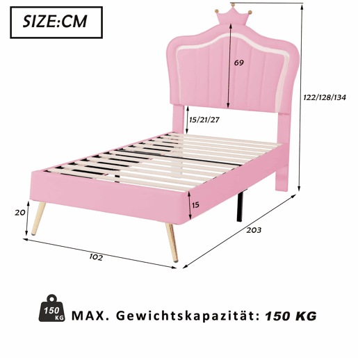 Cama infantil 90x200 cm - Estrutura de cama para menina, design com coroa rosa, PU com luzes LED, estrado e encosto - Rosa