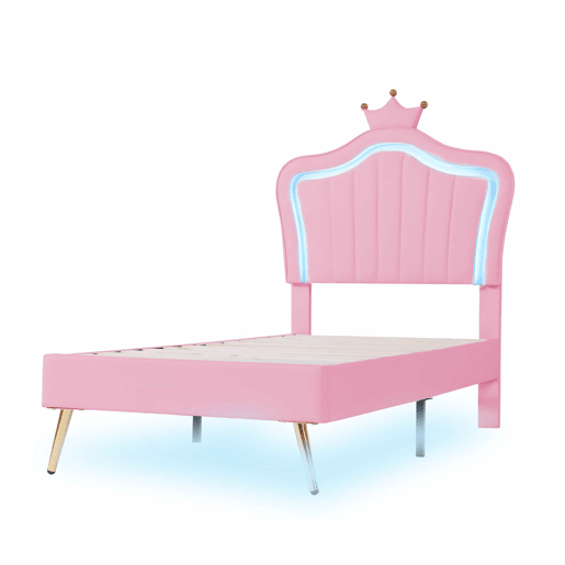Cama infantil 90x200 cm - Estrutura de cama para menina, design com coroa rosa, PU com luzes LED, estrado e encosto - Rosa