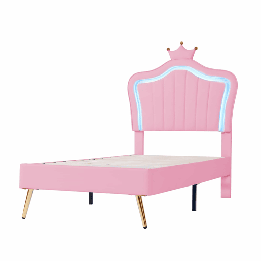 Cama infantil 90x200 cm - Estrutura de cama para menina, design com coroa rosa, PU com luzes LED, estrado e encosto - Rosa