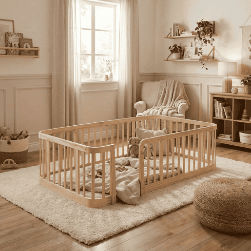Parque infantil modular 90 x 200 cm - Espaço seguro entre barras de 7 cm, bordas arredondadas, design anti-mordidas na base, porta de segurança multifuncional para bebés e animais de estimação - Madeira natural