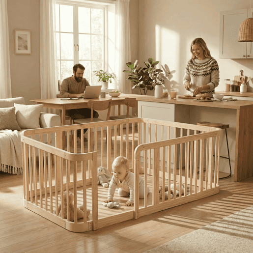 Parque infantil modular 90 x 200 cm - Espaço seguro entre barras de 7 cm, bordas arredondadas, design anti-mordidas na base, porta de segurança multifuncional para bebés e animais de estimação - Madeira natural