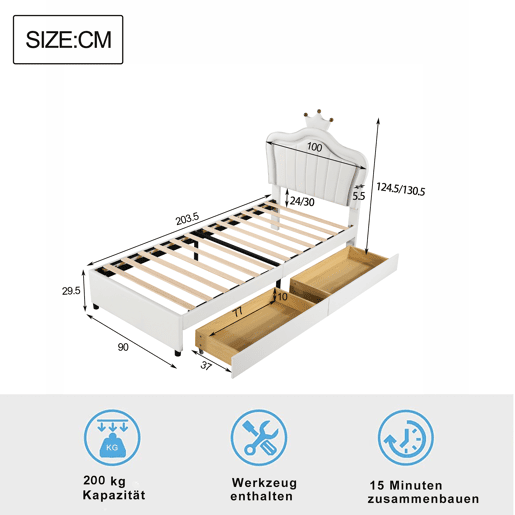 Cama infantil 90x200 cm - Cama individual de princesa branca em PU com arrumação, luzes LED, estrado e encosto