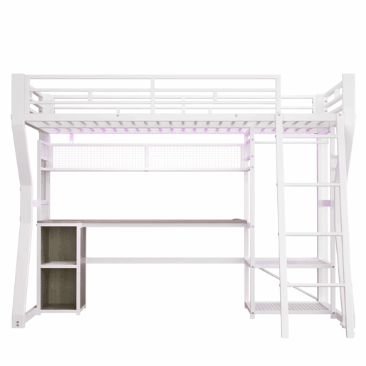Cama alta 90x200 cm - estrutura em ferro com faixa de luz LED, tomada integrada, zona para pendurar roupa, secretária, prateleiras e espaço de arrumação, espaço aberto na parte inferior - branco