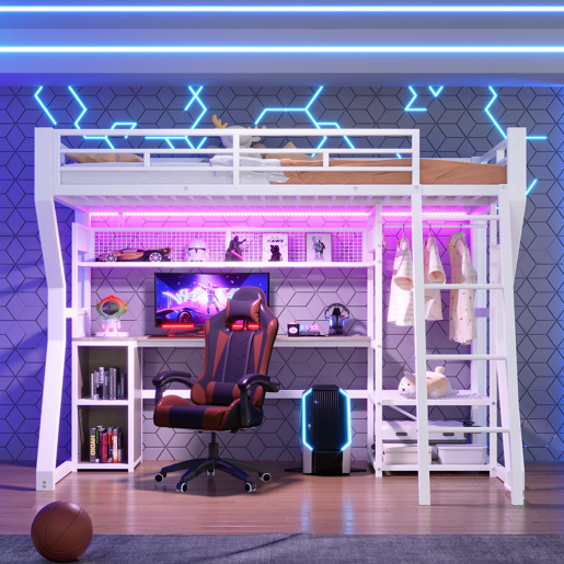Cama alta 90x200 cm - estrutura em ferro com faixa de luz LED, tomada integrada, zona para pendurar roupa, secretária, prateleiras e espaço de arrumação, espaço aberto na parte inferior - branco