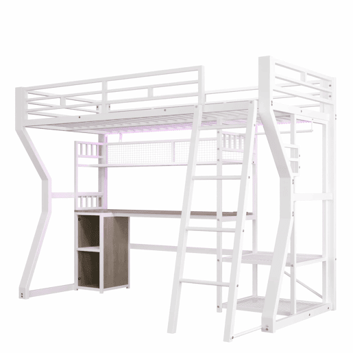Cama alta 90x200 cm - estrutura em ferro com faixa de luz LED, tomada integrada, zona para pendurar roupa, secretária, prateleiras e espaço de arrumação, espaço aberto na parte inferior - branco