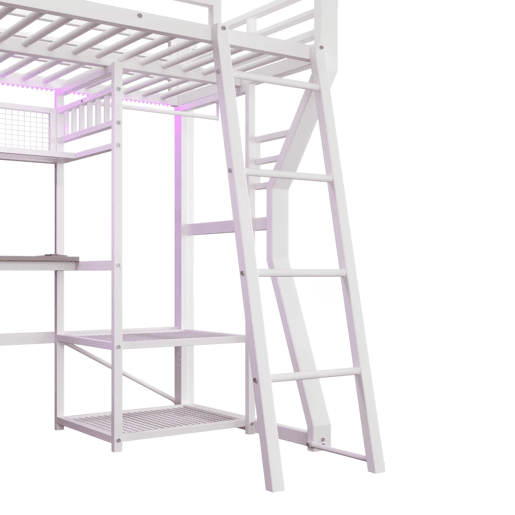 Cama alta 90x200 cm - estrutura em ferro com faixa de luz LED, tomada integrada, zona para pendurar roupa, secretária, prateleiras e espaço de arrumação, espaço aberto na parte inferior - branco