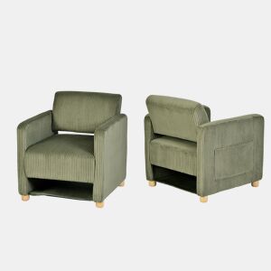 Conjunto de 2 Poltronas Estofadas com Assento Largo e Apoios de Braços, em Veludo Cotelê, Pés em Madeira Maciça, Verde