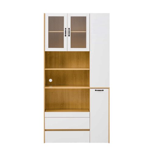 Aparador alto - sem dimensões - com prateleiras ajustáveis e gavetas, aparador com prateleiras extraíveis e vidro estriado, ideal para a sala de jantar, sala de estar e cozinha - Branco e natural