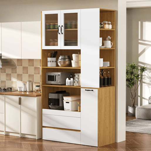 Aparador alto - sem dimensões - com prateleiras ajustáveis e gavetas, aparador com prateleiras extraíveis e vidro estriado, ideal para a sala de jantar, sala de estar e cozinha - Branco e natural
