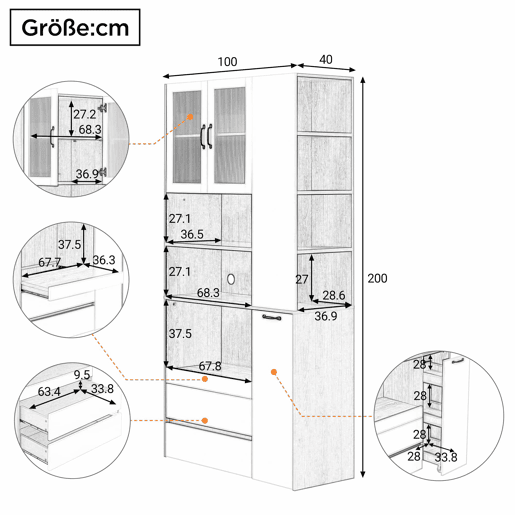 Aparador alto - sem dimensões - com prateleiras ajustáveis e gavetas, aparador com prateleiras extraíveis e vidro estriado, ideal para a sala de jantar, sala de estar e cozinha - Branco e natural