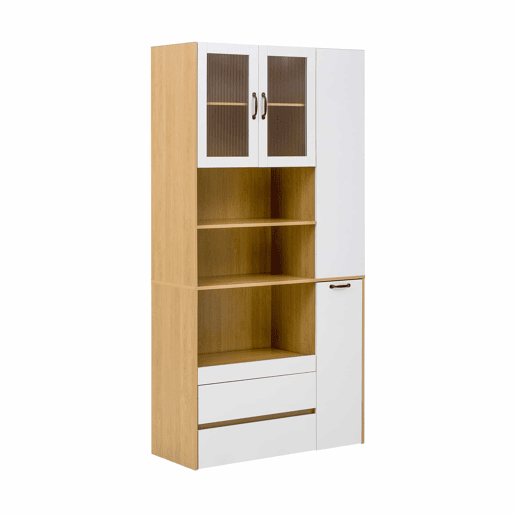 Aparador alto - sem dimensões - com prateleiras ajustáveis e gavetas, aparador com prateleiras extraíveis e vidro estriado, ideal para a sala de jantar, sala de estar e cozinha - Branco e natural