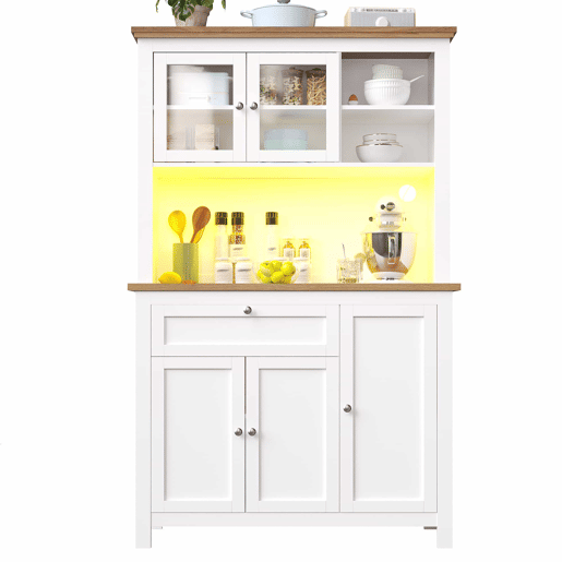 Armário de cozinha 104x40x180 cm - Com prateleiras ajustáveis, vitrina, iluminação LED - Branco
