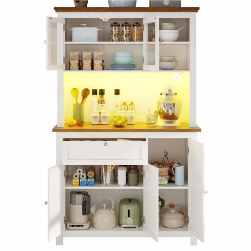 Armário de cozinha 104x40x180 cm - Com prateleiras ajustáveis, vitrina, iluminação LED - Branco