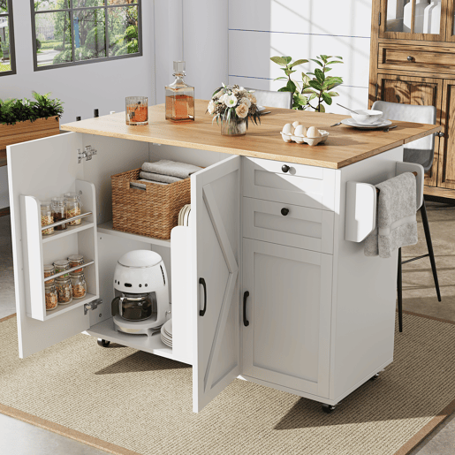 Ilha de cozinha moderna 120x40x75 - Mesa multifuncional com arrumação, carrinho de cozinha com prateleiras para lanches - Branco