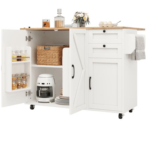 Ilha de cozinha moderna 120x40x75 - Mesa multifuncional com arrumação, carrinho de cozinha com prateleiras para lanches - Branco