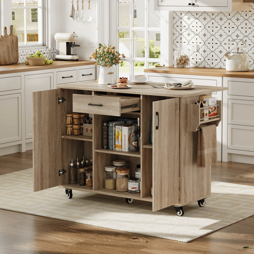 Ilha de cozinha móvel de 120 cm (92,9 x 120 x 43,5 cm) u2013 bancada rebatível, rodízios, gaveta e armário u2013 carvalho Sonoma natural