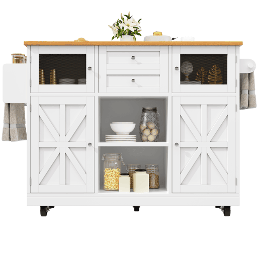 Ilha de cozinha - com superfície de trabalho, armário buffet, portas tridimensionais, com prateleiras ajustáveis, branco