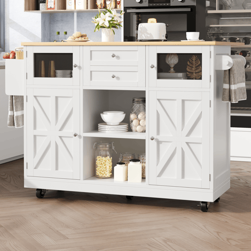 Ilha de cozinha - com superfície de trabalho, armário buffet, portas tridimensionais, com prateleiras ajustáveis, branco
