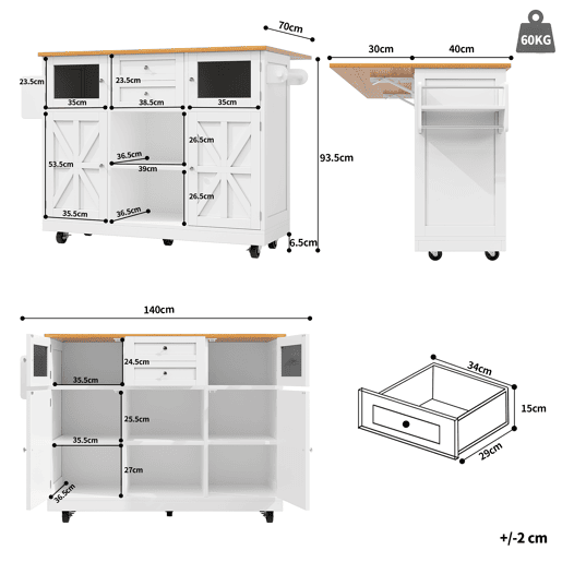 Ilha de cozinha - com superfície de trabalho, armário buffet, portas tridimensionais, com prateleiras ajustáveis, branco