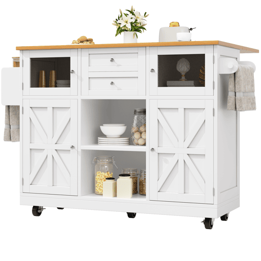 Ilha de cozinha - com superfície de trabalho, armário buffet, portas tridimensionais, com prateleiras ajustáveis, branco
