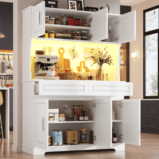 Armário de cozinha alto 108 x 40 x 180 cm - controlo por aplicação, prateleiras ajustáveis, amplo espaço de arrumação, superfície de trabalho, iluminação LED - branco