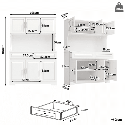Armário de cozinha alto 108 x 40 x 180 cm - controlo por aplicação, prateleiras ajustáveis, amplo espaço de arrumação, superfície de trabalho, iluminação LED - branco
