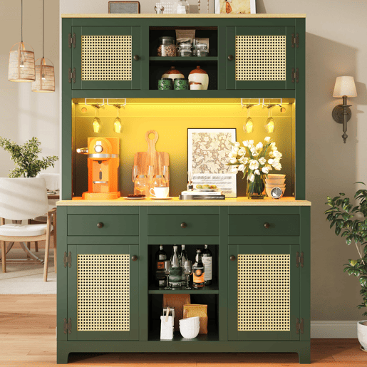Armário alto com LED - Rattan PE com sistema de iluminação LED, proteção anti-tombamento, prateleiras ajustáveis e gavetas, estilo vintage para cozinha, sala de estar e sala de jantar - Verde antigo