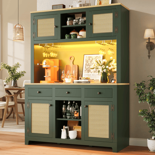 Armário alto com LED - Rattan PE com sistema de iluminação LED, proteção anti-tombamento, prateleiras ajustáveis e gavetas, estilo vintage para cozinha, sala de estar e sala de jantar - Verde antigo