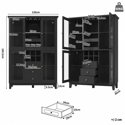 Adega 180,5 x 120 x 40 cm - iluminação LED controlada por aplicação, 3 gavetas, suporte para copos e garrafas - preto