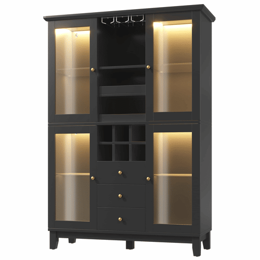 Adega 180,5 x 120 x 40 cm - iluminação LED controlada por aplicação, 3 gavetas, suporte para copos e garrafas - preto
