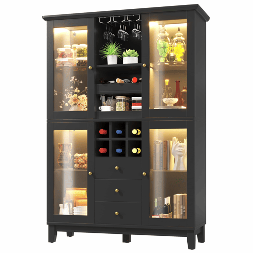 Adega 180,5 x 120 x 40 cm - iluminação LED controlada por aplicação, 3 gavetas, suporte para copos e garrafas - preto