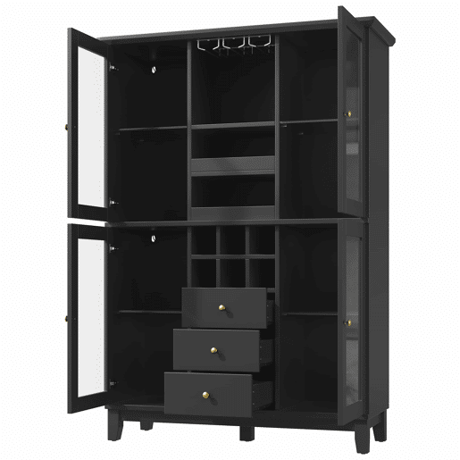 Adega 180,5 x 120 x 40 cm - iluminação LED controlada por aplicação, 3 gavetas, suporte para copos e garrafas - preto