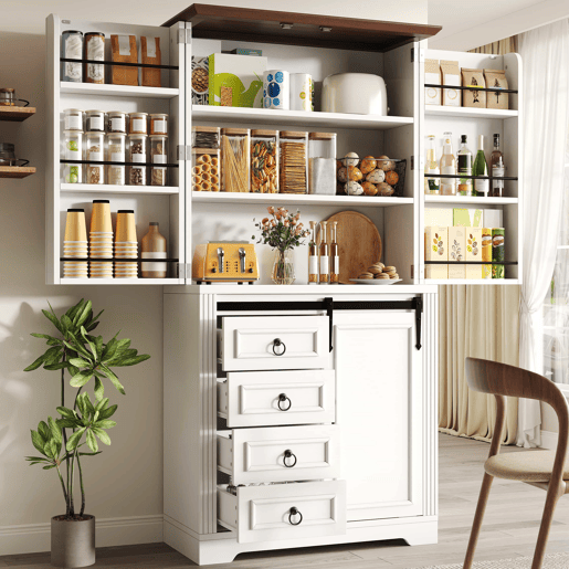 Armário alto de cozinha - sistema anti-tombamento, prateleira lateral para snacks, fecho suave Soft-Close, 4 gavetas, prateleiras ajustáveis, puxador com design exclusivo - branco