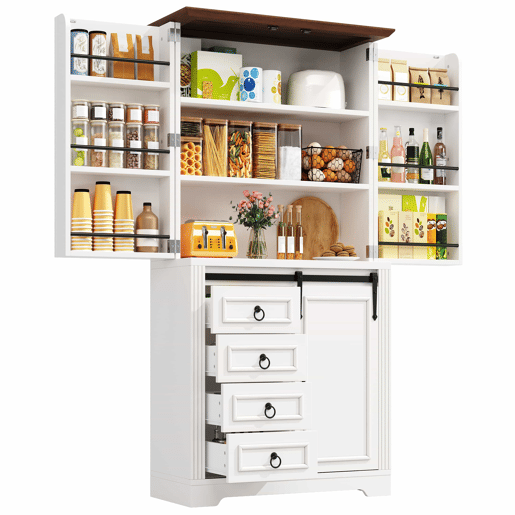 Armário alto de cozinha - sistema anti-tombamento, prateleira lateral para snacks, fecho suave Soft-Close, 4 gavetas, prateleiras ajustáveis, puxador com design exclusivo - branco