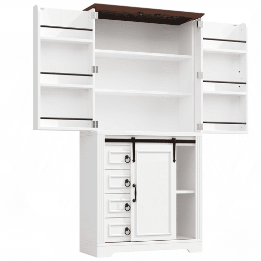Armário alto de cozinha - sistema anti-tombamento, prateleira lateral para snacks, fecho suave Soft-Close, 4 gavetas, prateleiras ajustáveis, puxador com design exclusivo - branco