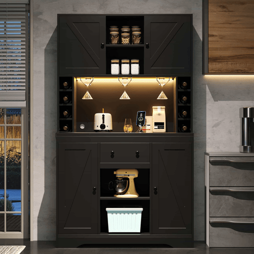 Armário alto de cozinha 180 x 105 x 40 cm - com prateleiras ajustáveis, gaveta, suporte para copos em aço inoxidável, suporte para garrafas, iluminação LED com mudança de cor e tomadas - preto