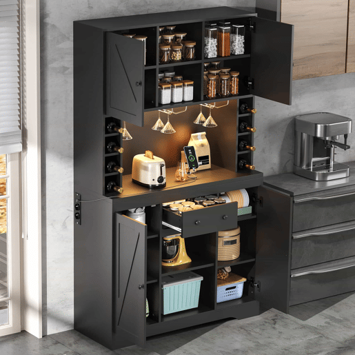 Armário alto de cozinha 180 x 105 x 40 cm - com prateleiras ajustáveis, gaveta, suporte para copos em aço inoxidável, suporte para garrafas, iluminação LED com mudança de cor e tomadas - preto