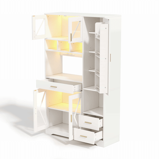 Armário de cozinha 185 x 105 x 40 cm - estilo celeiro, armário alto de arrumação com vitrina, prateleiras ajustáveis, gaveta, iluminação LED com mudança de cor e tomadas - branco