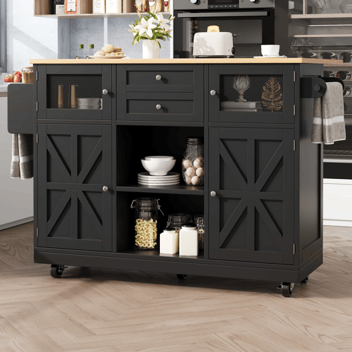 Ilha de cozinha - Carrinho de sala de jantar com superfície de trabalho, armário buffet, portas tridimensionais com rodas, divisória ajustável - Preto