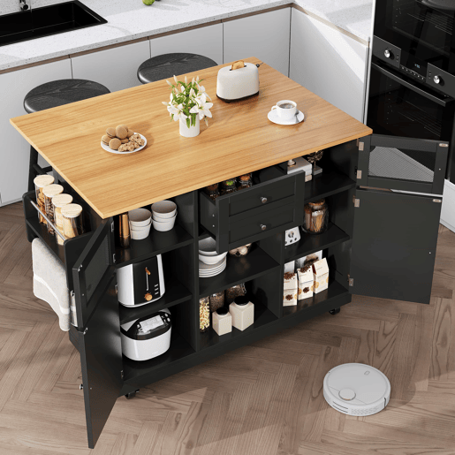 Ilha de cozinha - Carrinho de sala de jantar com superfície de trabalho, armário buffet, portas tridimensionais com rodas, divisória ajustável - Preto