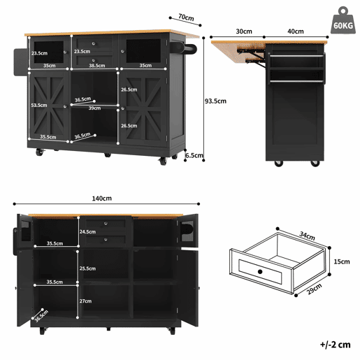 Ilha de cozinha - Carrinho de sala de jantar com superfície de trabalho, armário buffet, portas tridimensionais com rodas, divisória ajustável - Preto