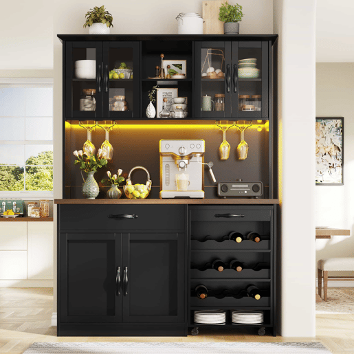 Armário de cozinha de 140 cm u2013 com gaveta extraível, iluminação LED, despensa com suporte para garrafas e copos, aparador iluminado para sala de estar e de jantar u2013 Preto