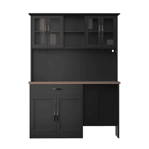 Armário de cozinha de 140 cm u2013 com gaveta extraível, iluminação LED, despensa com suporte para garrafas e copos, aparador iluminado para sala de estar e de jantar u2013 Preto