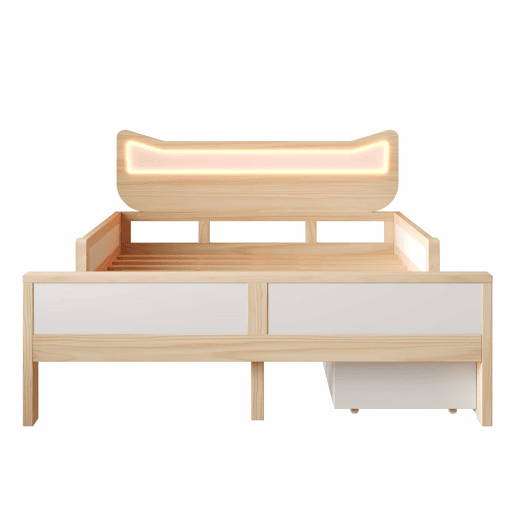 Cama infantil 140x200 cm - cabeceira com orelhas de gato, iluminação LED RGB, base de colchão, gaveta e espaço de arrumação montáveis à esquerdadireita, grades de segurança - branco e carvalho