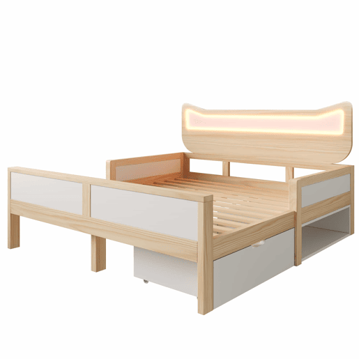 Cama infantil 140x200 cm - cabeceira com orelhas de gato, iluminação LED RGB, base de colchão, gaveta e espaço de arrumação montáveis à esquerdadireita, grades de segurança - branco e carvalho