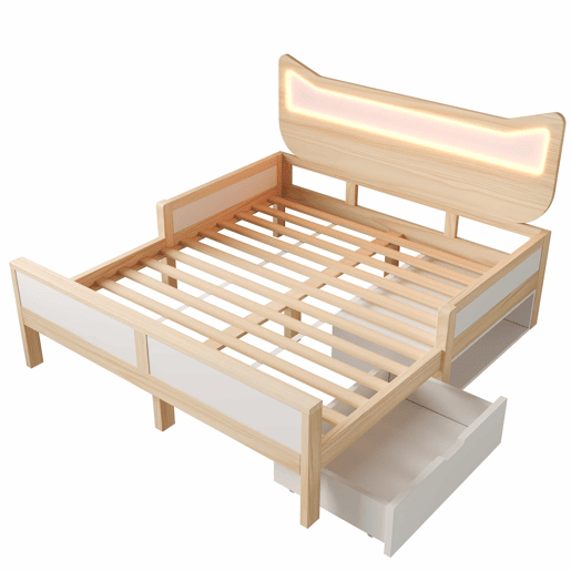 Cama infantil 140x200 cm - cabeceira com orelhas de gato, iluminação LED RGB, base de colchão, gaveta e espaço de arrumação montáveis à esquerdadireita, grades de segurança - branco e carvalho