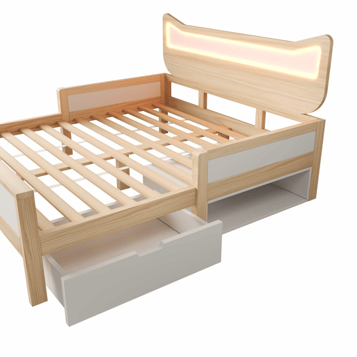 Cama infantil 140x200 cm - cabeceira com orelhas de gato, iluminação LED RGB, base de colchão, gaveta e espaço de arrumação montáveis à esquerdadireita, grades de segurança - branco e carvalho