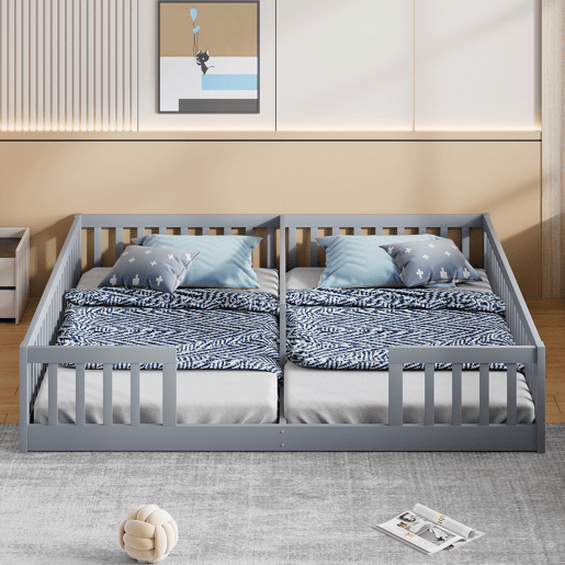Cama de criança 2x90x200cm madeira maciça - com calhas - sem estrado - Cinzento