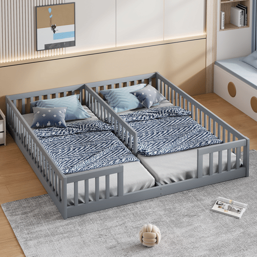 Cama de criança 2x90x200cm madeira maciça - com calhas - sem estrado - Cinzento